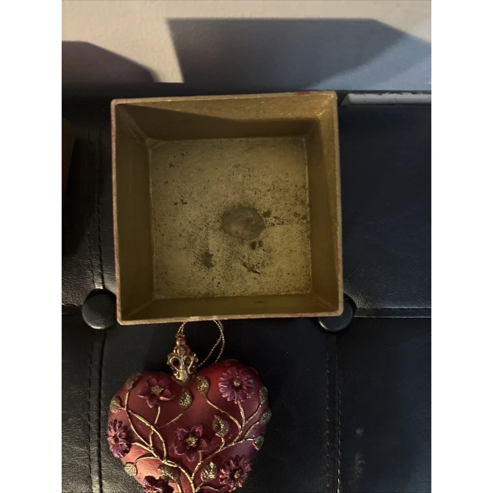 Vintage Cloisonne Enamel Heart Floral Ornament Gold-Tone Metal & Box